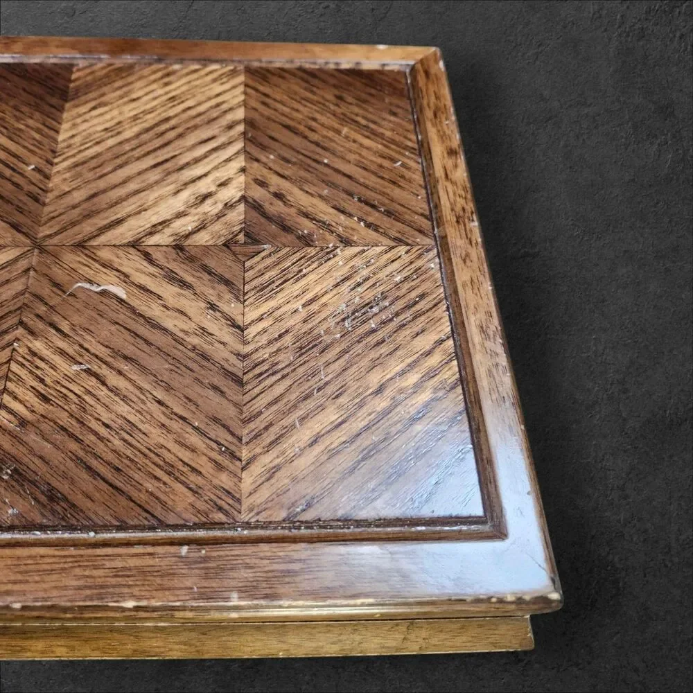 Vintage 1970s Wood Jewelry Box Orange Velvet Parquet Lid Jay Import Co 13